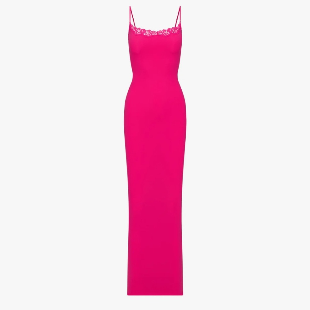 SKIMS NEON ROSE “FITS EVERYBODY” LACE, LONG SLIP DRESS